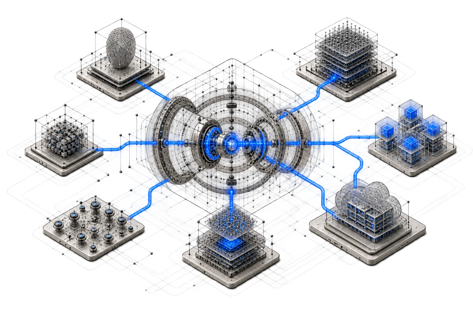 A precision security control plane verifying blue signal paths across identity, data, application, cloud, AI, and device systems